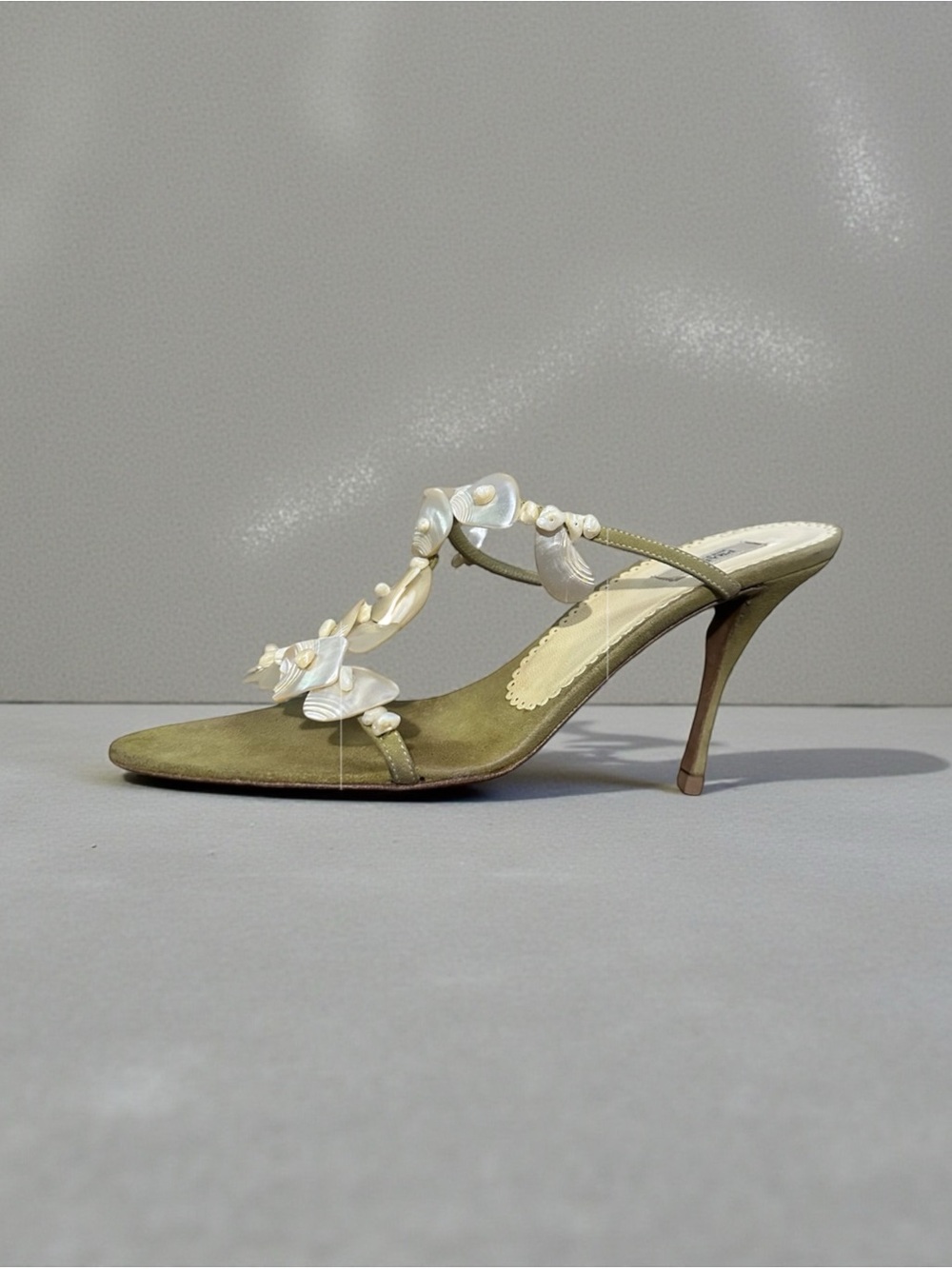 Prada Heels Suede Green Sandals Seashell Detail Vintage 03’ SzEU 38 = US 7.5 - 8